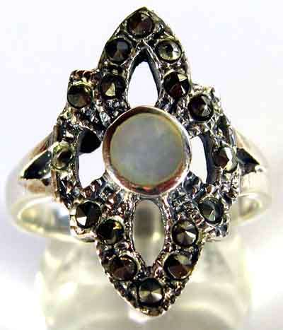Lovely Sterling Silver , Marcasite and Mother of Pearl  Ring.