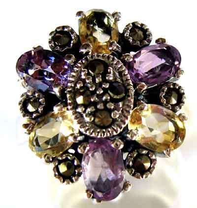 Unusual Sterling SIlver , Marcasite, Amethysts and Citrines Ring.
