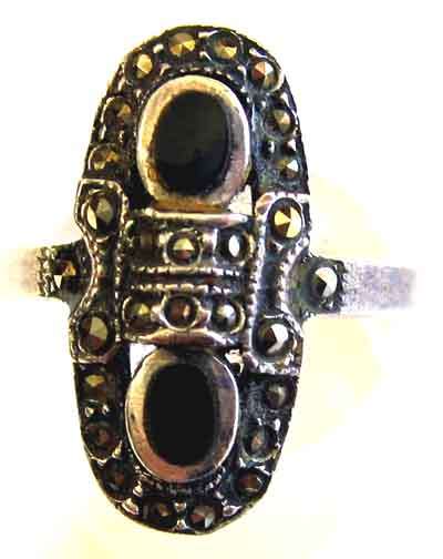 Genuine Sterling Silver, Marcasite and Black Onyx Ring.
