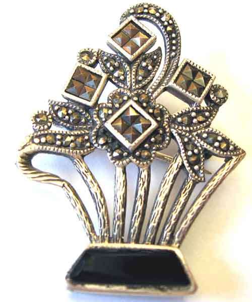 Adorable Sterling Silver and Marcasite & onyx  ` Flower  ` Brooch.