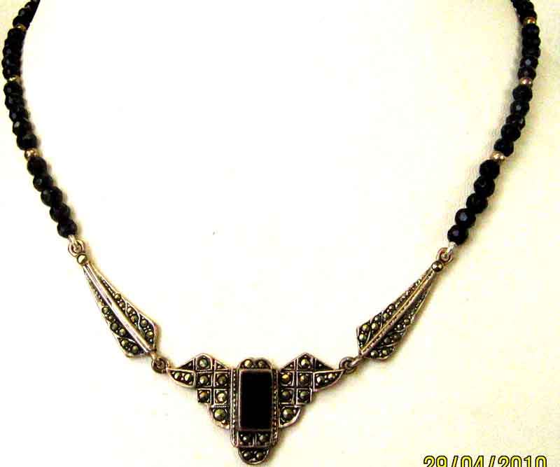 Genuine Sterling Silver , Marcasite and Black Onyx Necklace.