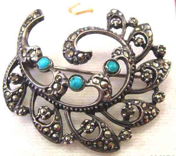 Beautiful  Sterling Silver , Turquoise and Marcasite  Brooch