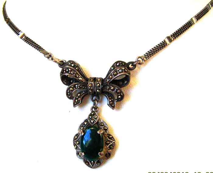 Sterling Silver , Marcasite and Green Agate Necklace