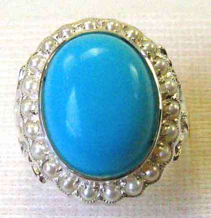 925 Solid Sterling Silver, Genuine Turquoise and Seed Pearls  Ring.
