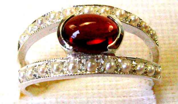 Solid Sterling Silver Ring with Garnet and Seed Pearls.
