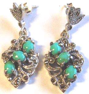 STERLING SILVER, MARCASITE   & TURQUOISE EARRINGS.