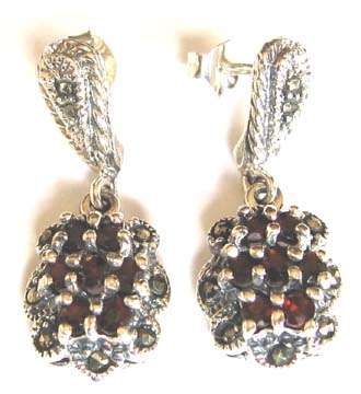 Sterling Silver , Marcasite and Garnets Earrings.