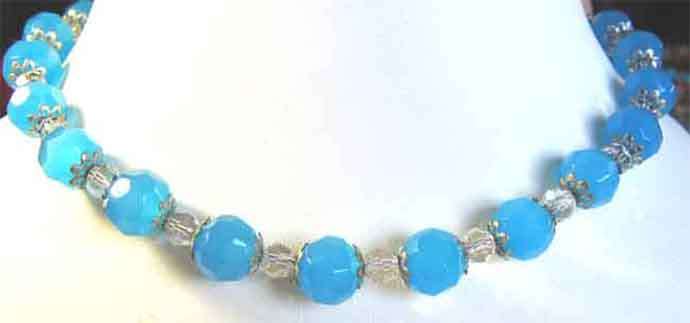 Blue Agate and Crystal Necklace with Silver Clasp