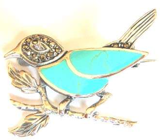 Sterling Silver Enamel Marcasite Bird Brooch.