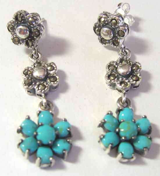 Superb - Pair of Sterling Silver, Marcasite and Turquoisez Earrings