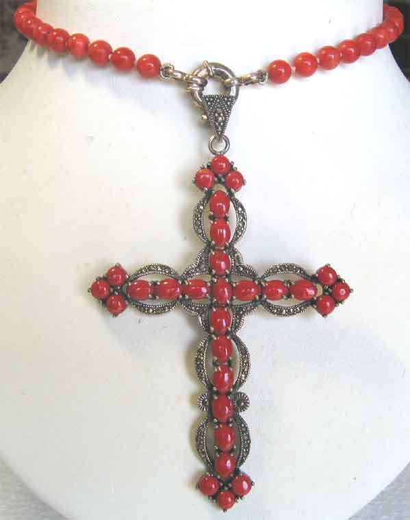 Stunning, Sterling Silver ,Coral and Marcasite Cross/Pendant and Necklace.