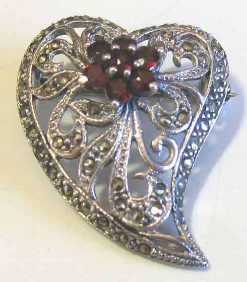 Cute Sterling Silver, Garnets and Marcasite " Heart " Brooch
