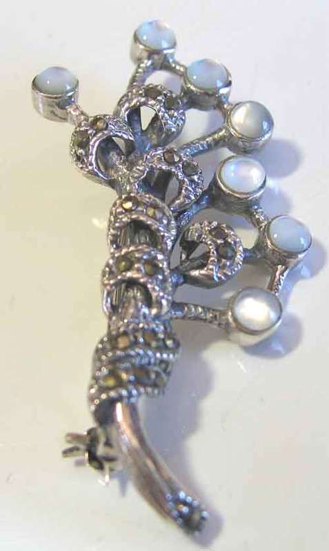 925 Sterling Silver, Marcasite and Moonstones Brooch.