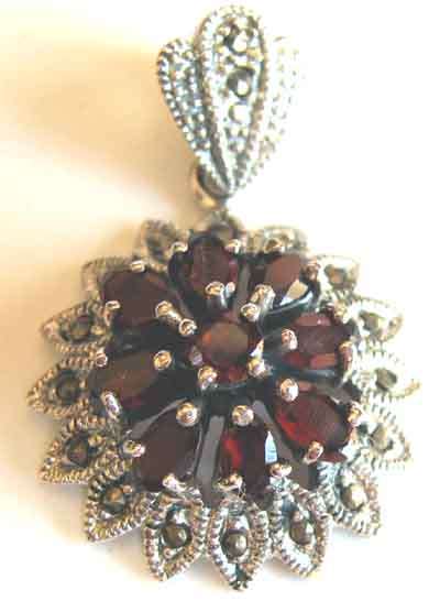 Lovely  Sterling Silver , Marcasite and Garnets Pendant