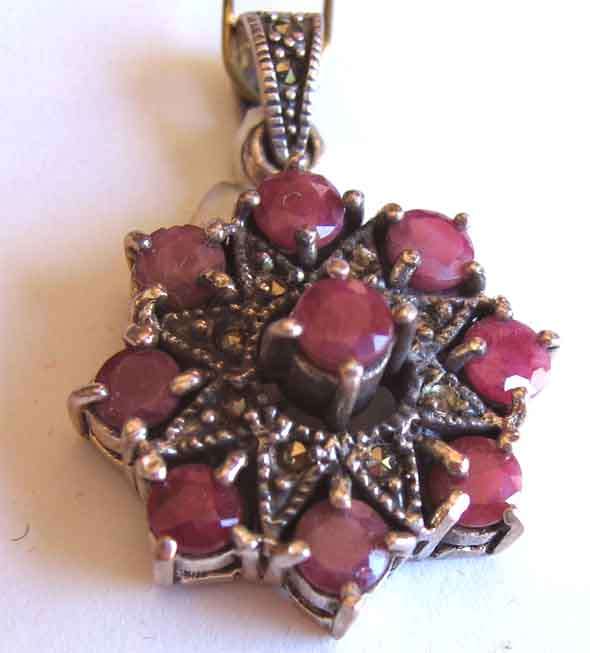 Genuine Marcasite , Rubies in - Sterling Silver Pendant.