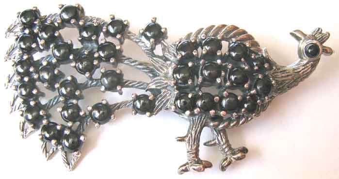 925, Sterling Silver and Black Onyx `` Peacock `` Brooch.
