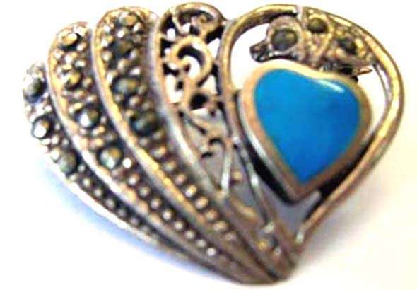 925 Steling Silver, Marcasite and Turquoise Brooch.