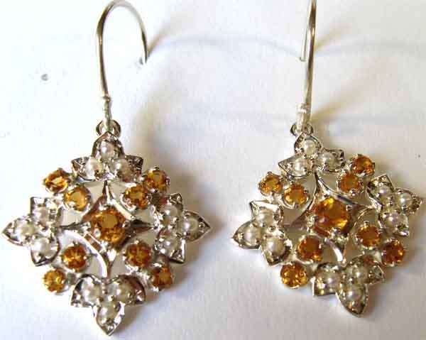 A Pair -Sterling Silver , Genuine Citrine and Pearls Earrings.