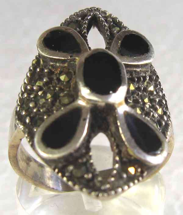 Stunning, Sterling Silver , Marcasite and Black Onyx Ring.