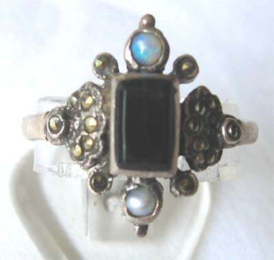 Sterling Silver, Marcasite, Opal and Pearl Ring.