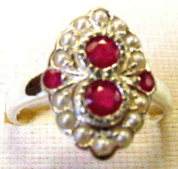 Lovely Sterling Silver , Seed pearls and Genuine Rubies Ring.