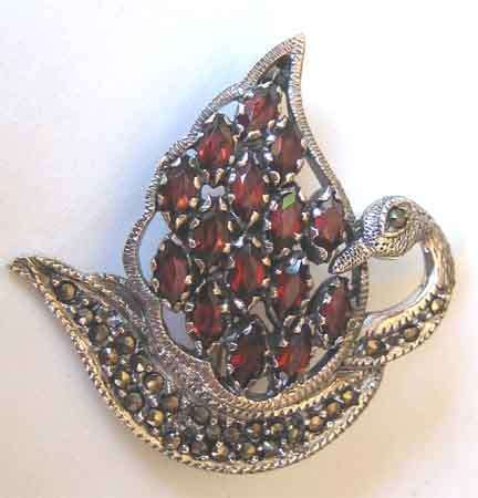 LOVELY, STERLING SILVER, MARCASITE  AND GARNETS  BROOCH