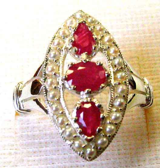 Solid Sterling Silver , Rubies and Seed pearls  Ring