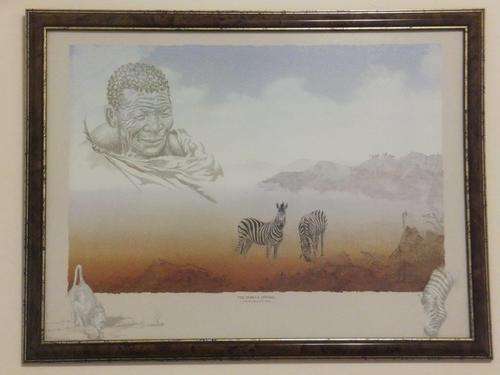 Framed African print of Bushman, Zebra and baboons with matt glass "how the zebra got its stripes"