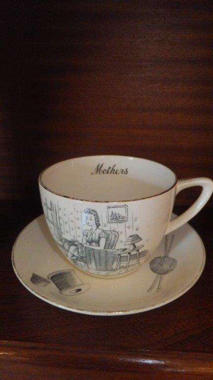 Crown Devon Fieldings Teacup & saucer backstamped & Mother written inside & pictures on both sides