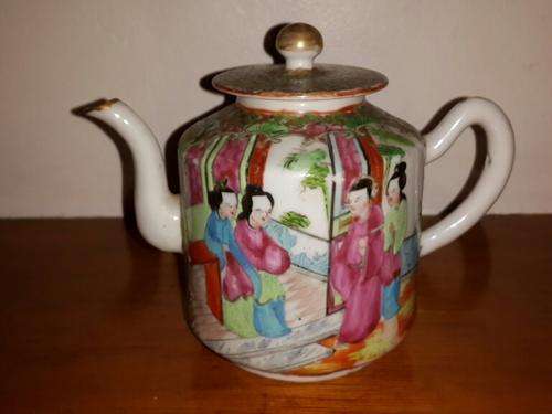 Rare Antique Handpainted Famille Rose Miniature Teapot with Lid - China, Mandarin type art