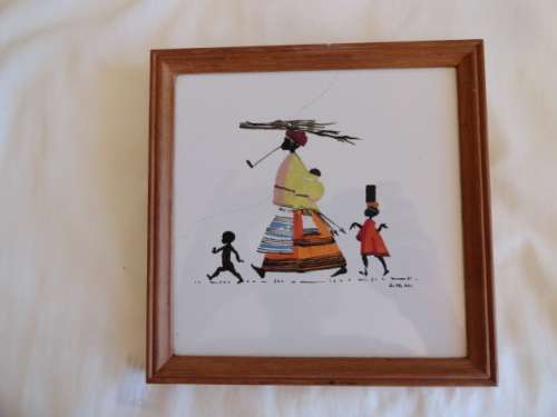 Original oil painting on a tile Lucy M Mullins (Wiles) African Village Scene over 50 years old