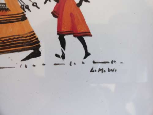 Original oil painting on a tile Lucy M Mullins (Wiles) African Village Scene over 50 years old