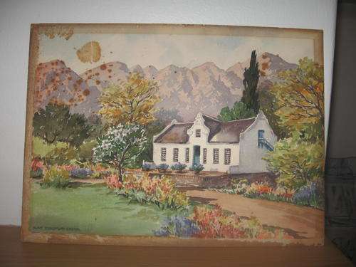 Original signed painting of a  Cape Dutch House and mountains- approximately 60 years old