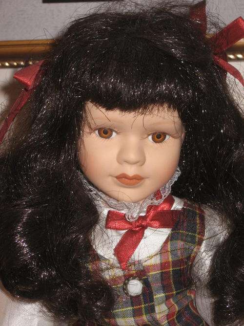 Beautiful Dark Haired Porcelain Doll - Dressed in beautiful gingham with silk and lovely shoes!