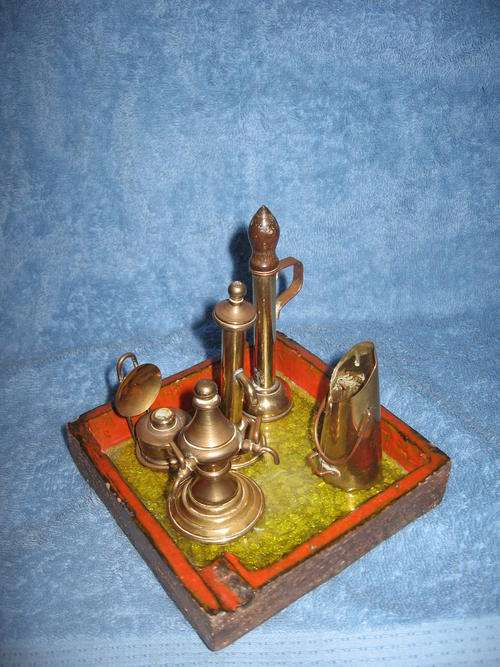 Set of miniature ornaments - coal scuttle etc.  Some of these appear to be brass but not all of them