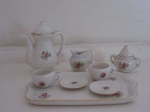 Beautiful delicate miniature teaset with rose detail & gold rim - TEA FOR TWO!