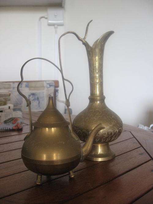 Ornamental  Brass Tea pot and Long Jug / Flower Vase