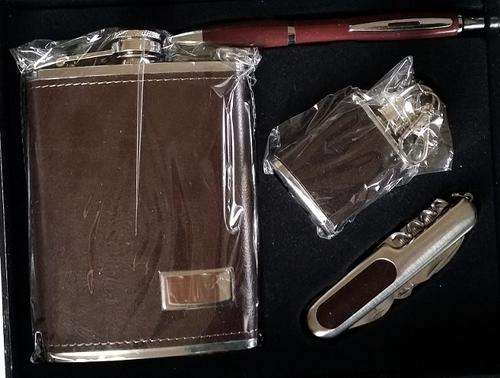 Brown Mens Gift. Pen, Flask, Key ring and Utility Knife