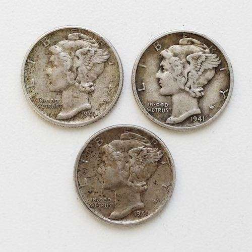 USA Silver 3 x 1941 Mercury dimes