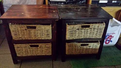 2 x Dark wood wicker drawer bedside tables