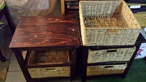 2 x Dark wood wicker drawer bedside tables