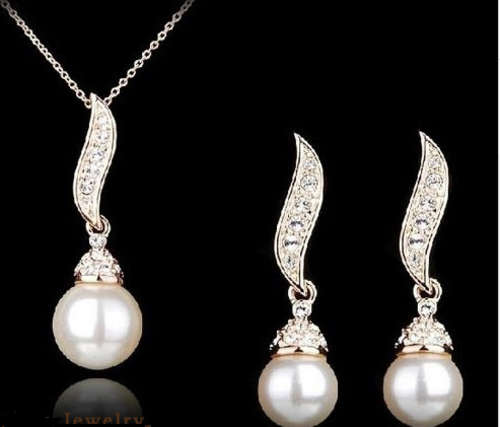 Gold Plated Pearl Leaf Earrings and Necklace set