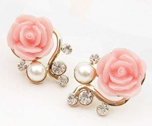 Simulated Pearl and Rhinestone Rose Earrings
