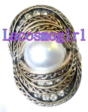 large fresh water pearl with simulated diamantes tibetan silver ring