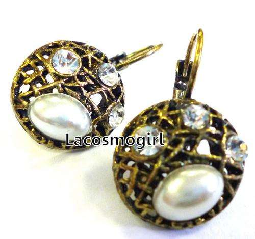 ANTIQUE EARRINGS ENCRUSTED WHITH RHINESTONES & A PEARL BEAD - 10mm