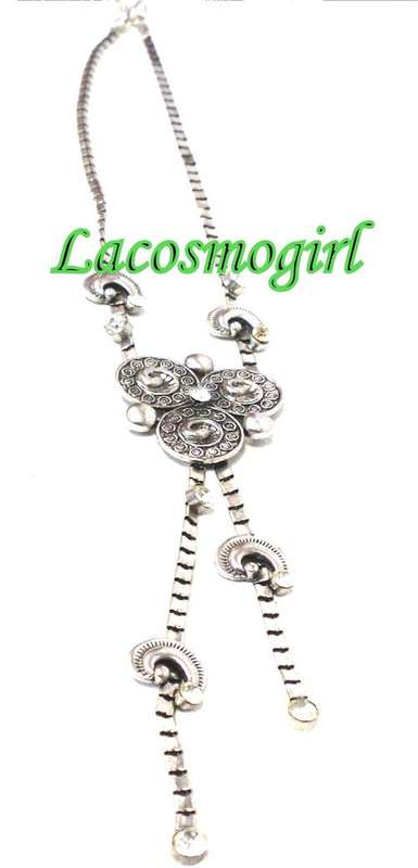 chunky tibetan silver twisted roped longer length necklace with 5 diamante hearts