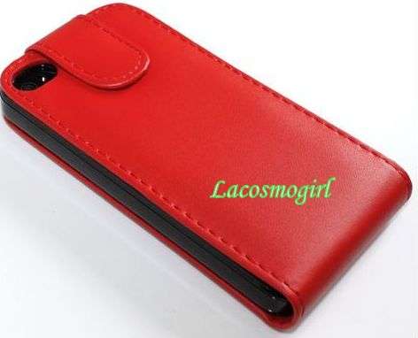 IPHONE 4, 4S RED LEATHER FLIP CASE WITH WHITE INTERIOR