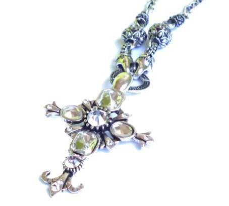 Elegant tibetan silver necklace with a diamante cross in an organza gift pouch