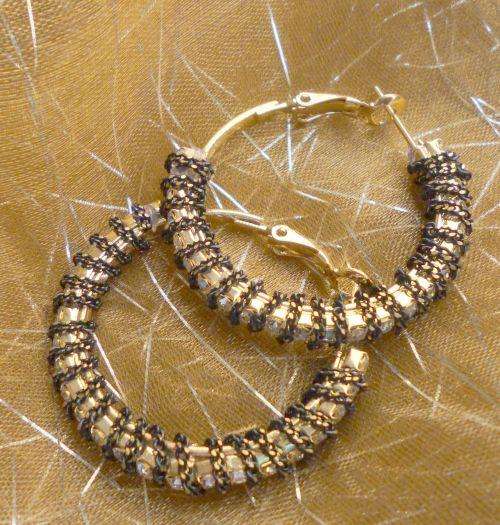 Gold hoops stringed with black beads & diamantes - 35mm - in an organza gift bag