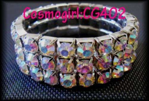 LARGE DIAMANTE 3 ROWS STRETCH BRACELET - MOTHER OF PEARL COLOUR - ADJUSTABLE TO FIT ANY HAND